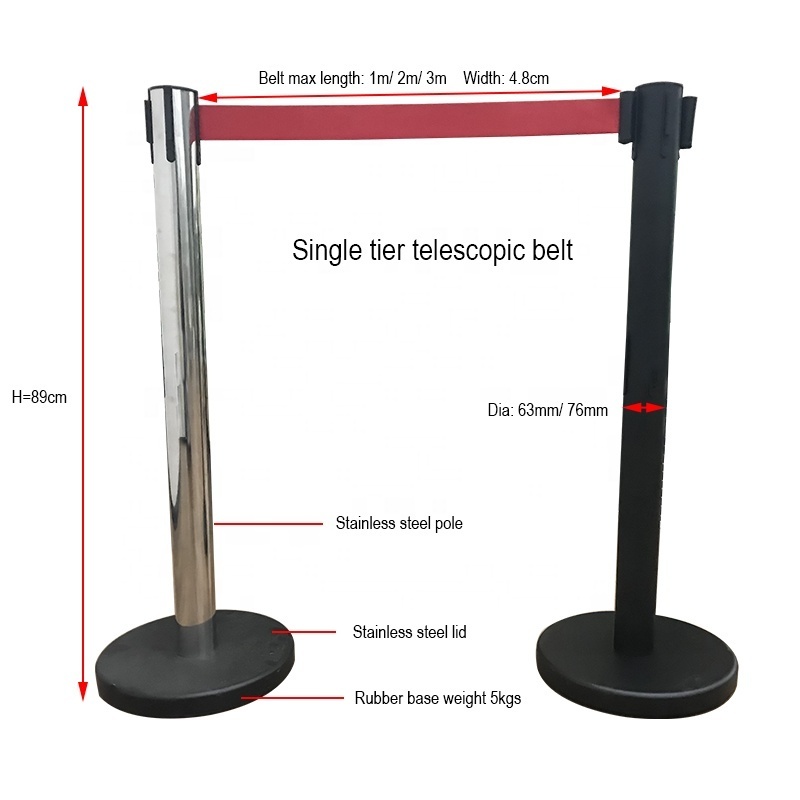 Crowd control stainless steel 1m/2m/3m single/double belts retractable queue stand bank telescopic belt with rubber base