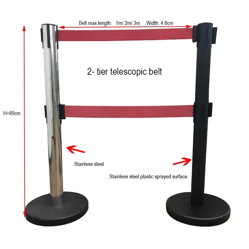 Crowd control stainless steel 1m/2m/3m single/double belts retractable queue stand bank telescopic belt with rubber base