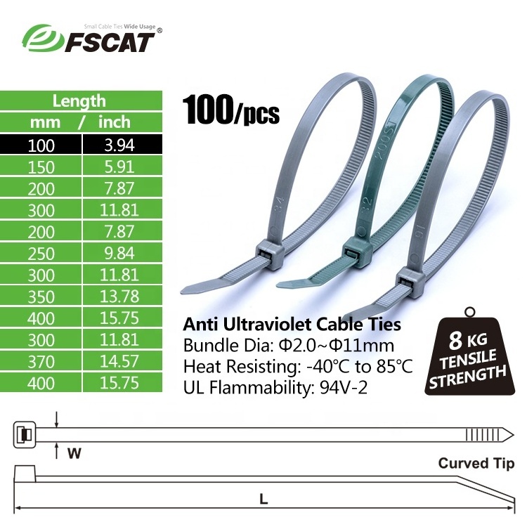 FSCAT Nylon 66 100mm 180mm 200mm 280mm 350mm 400mm 500mm 800mm 1200mm uv plastic cable tie nylon zip tie