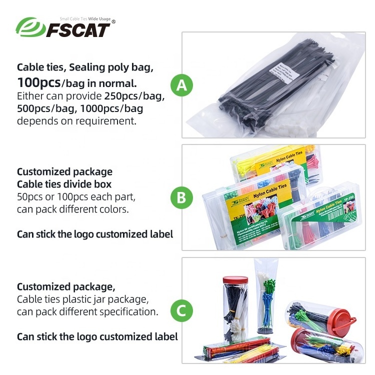 FSCAT Nylon 66 100mm 180mm 200mm 280mm 350mm 400mm 500mm 800mm 1200mm uv plastic cable tie nylon zip tie