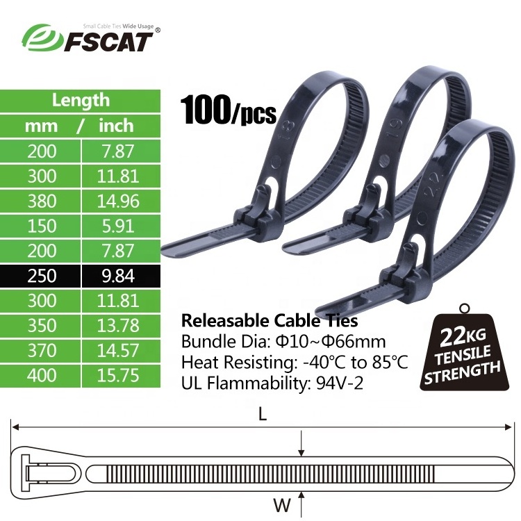 Fscat PA66 Eco-Friendly Releasable Adjustable Zip Tie Strap 100mm & 200mm Reusable Nylon Cable Wire Wraps Plastic Material