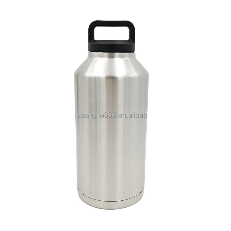 64 oz Jug with Handle Stainless Steel Double Wall Vacuum Insulated Water Bottle Half Gallon Camping Canteen with Portable Lids