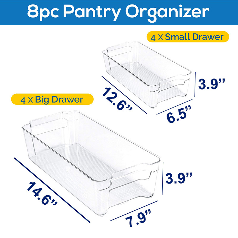 Set of 8 Pantry Organizers Freezers  for Kitchen Countertops and Cabinets ,Clear Plastic Pantry, PET fridge storage bin