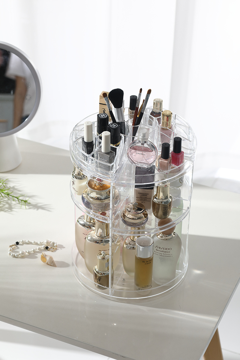 Transparent 360 Degree Rotating Plastic Adjustable Cosmetic Storage Box Makeup Organizer For Bathroom Vanity Shelf