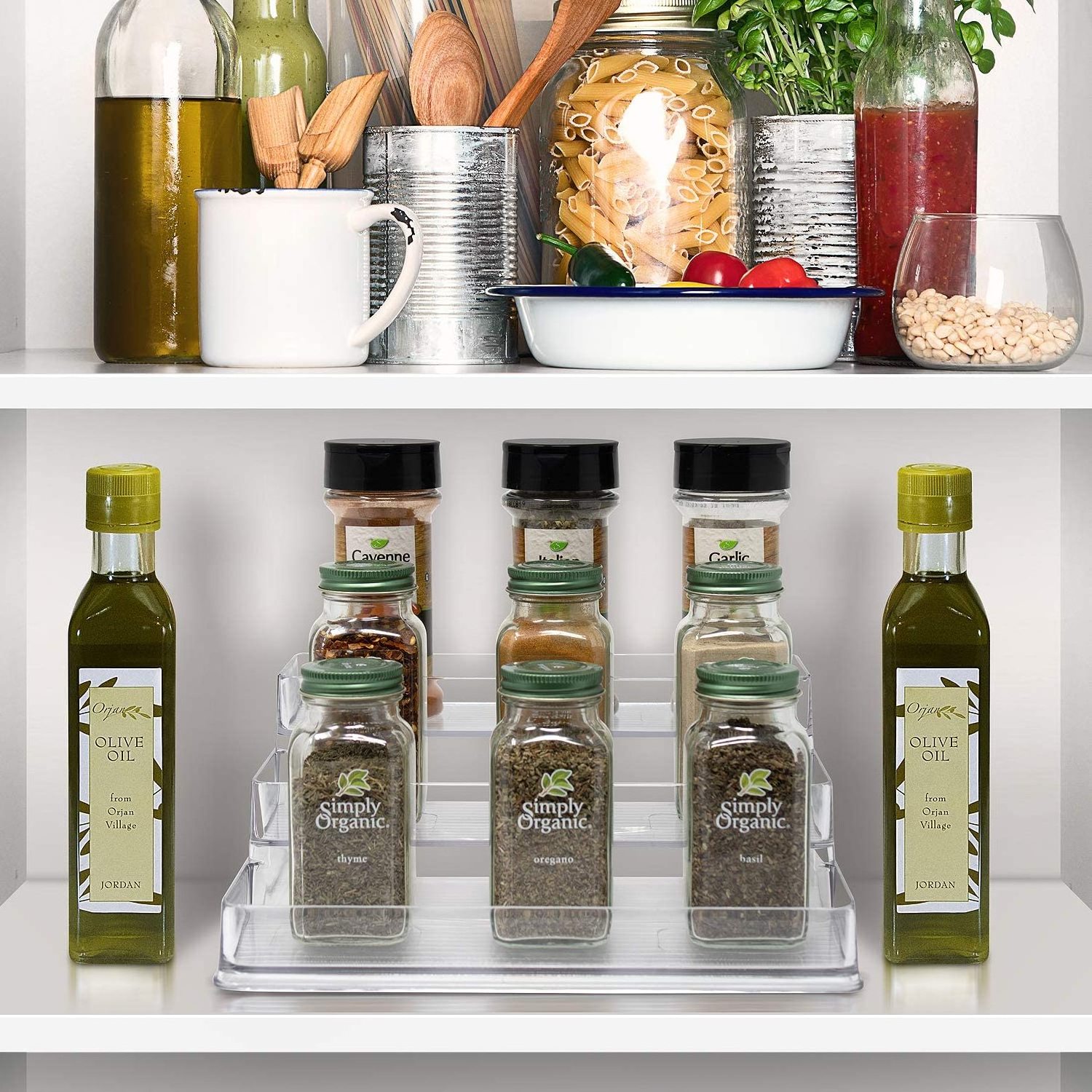 Plastic Spice and Food Kitchen Cabinet Shelf Organizer, 3 Tier Storage Modern Compact Caddy Rack Holds Spices Herb Bottles jars