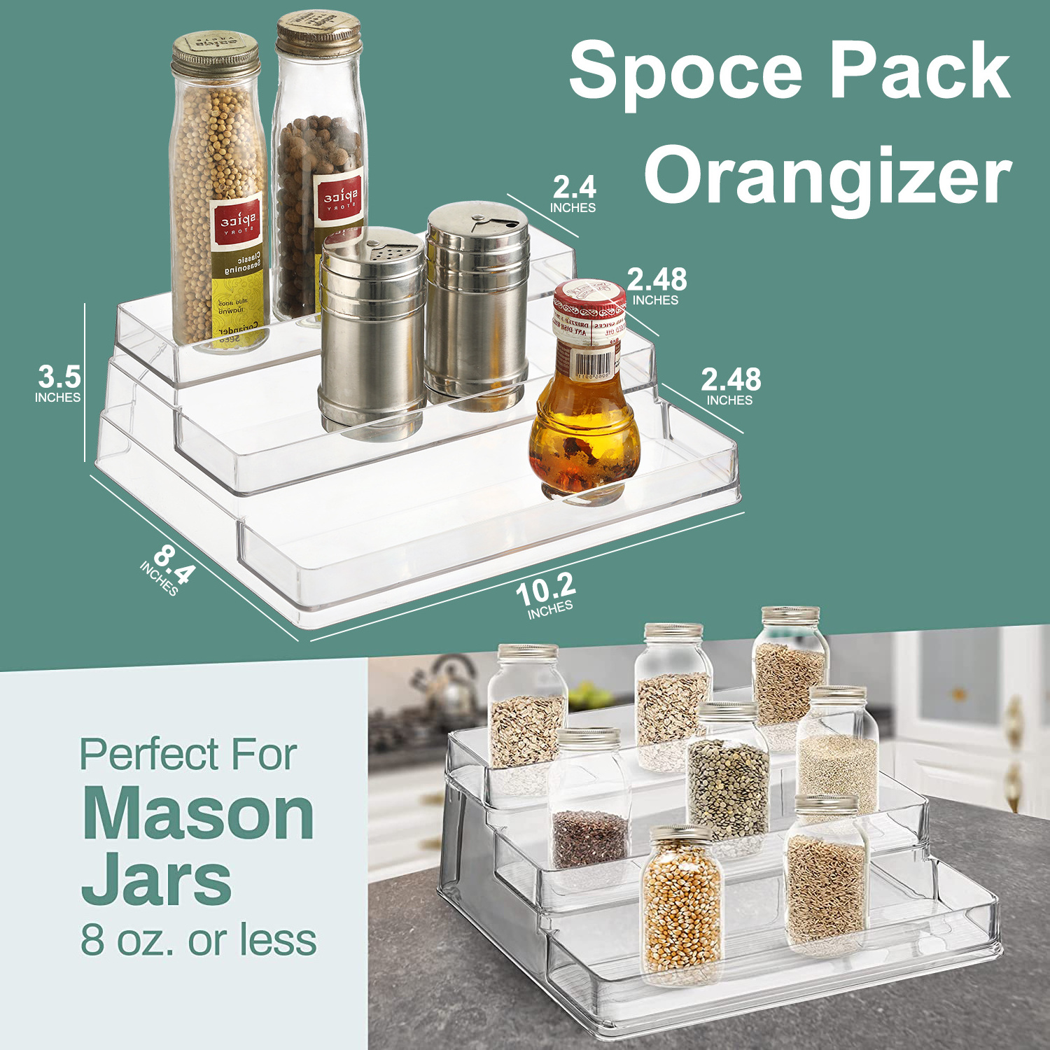 Plastic Spice and Food Kitchen Cabinet Shelf Organizer, 3 Tier Storage Modern Compact Caddy Rack Holds Spices Herb Bottles jars