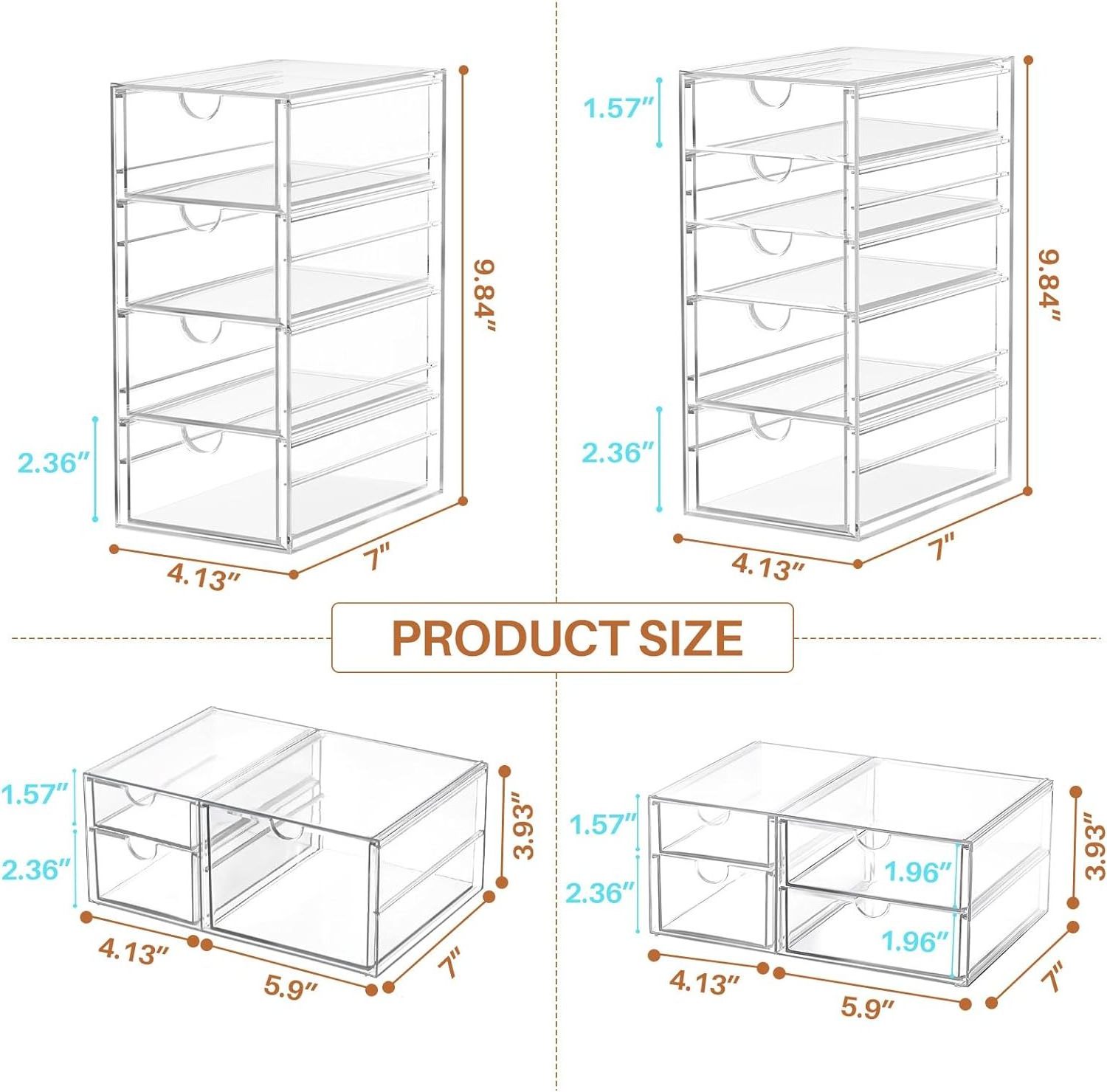 Makeup Organizer With 16 Drawers, 4 Pcs Desktop Office Supplies, Desk Organizers, Clear Desk Accessories,Stationary