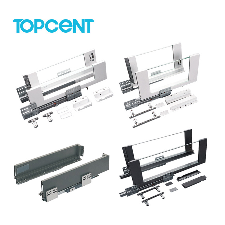 TOPCENT  kitchen drawer slide system cabinet drawer soft close slim glass metal box drawer