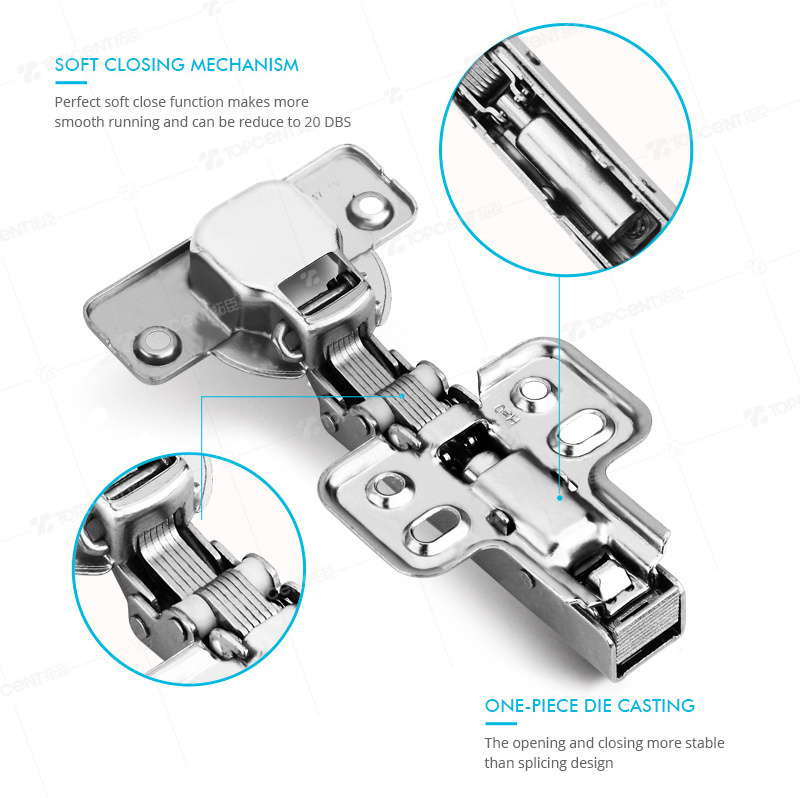 TOPCENT Furniture Hardware Hinge 35 mm Buffering Full Overlay Clip On Soft Close Hydraulic Kitchen Cabinet Hinge