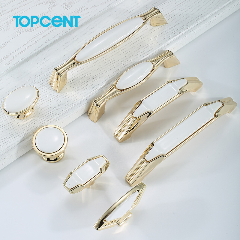 TOPCENT Ceramics Decorative Gold Brushed Brass Door Drawer Cabinet Handles And Knobs