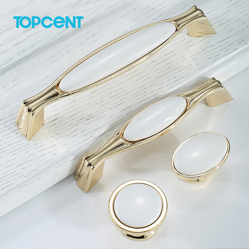 TOPCENT Ceramics Decorative Gold Brushed Brass Door Drawer Cabinet Handles And Knobs