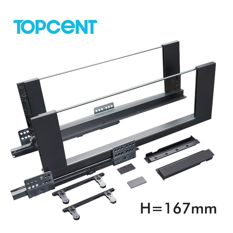 TOPCENT  kitchen drawer slide system cabinet drawer soft close slim glass metal box drawer