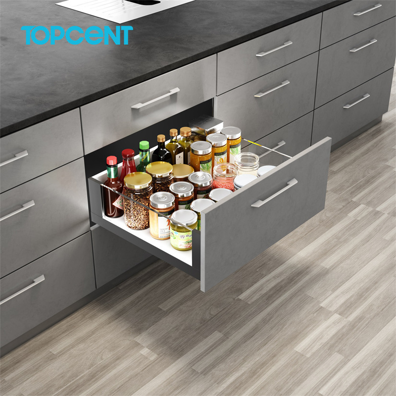 TOPCENT  kitchen drawer slide system cabinet drawer soft close slim glass metal box drawer