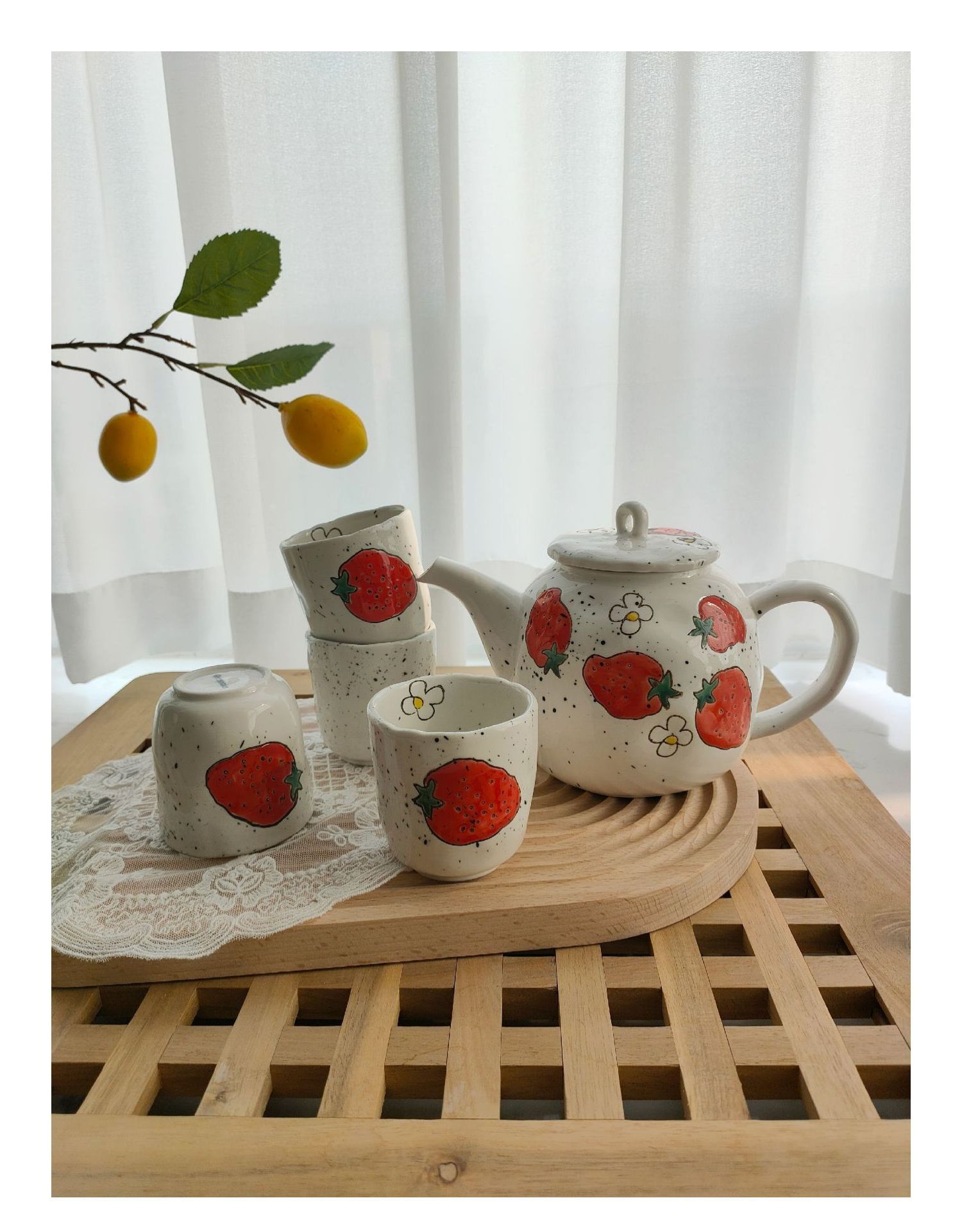 Japanese style ins creative fruit pattern ceramic teapot cute cold kettle cup under glazed hand-painted tea set