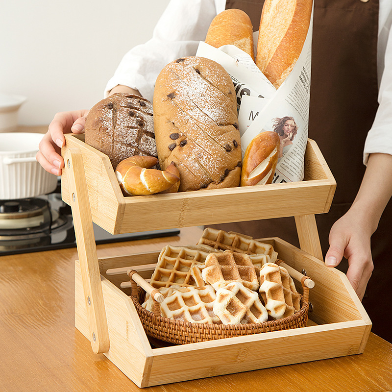 TS 2023 New Arrival  Bamboo Storage Shelf Kitchen Wooden Fruit Basket Bread Storage Stand 3 Tier Bamboo Rack for Bread Vegetable