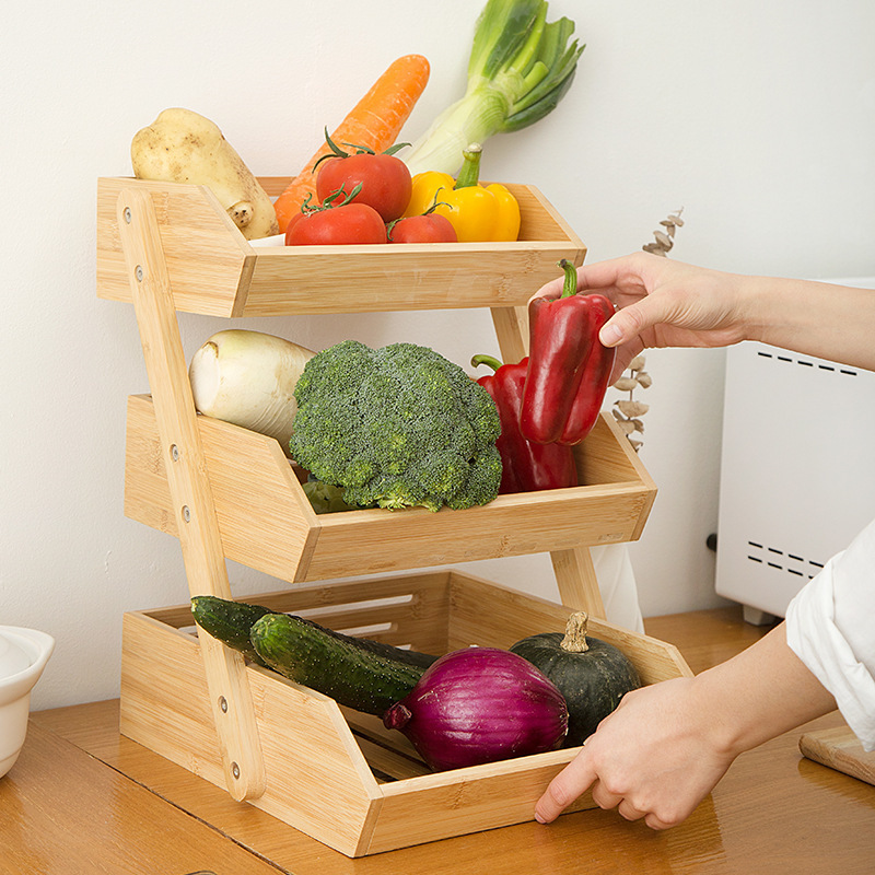 TS 2023 New Arrival  Bamboo Storage Shelf Kitchen Wooden Fruit Basket Bread Storage Stand 3 Tier Bamboo Rack for Bread Vegetable