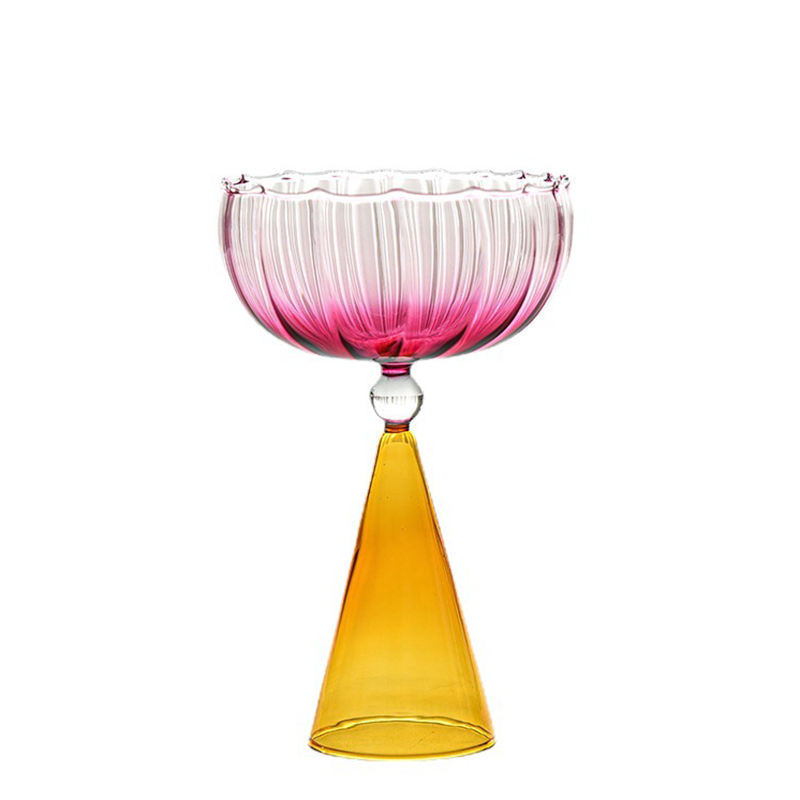 Custom Made Italian Style Hand Blown Borosilicate Glass Striped Flower-edge Pink and Green Wine Water Goblet Glasses