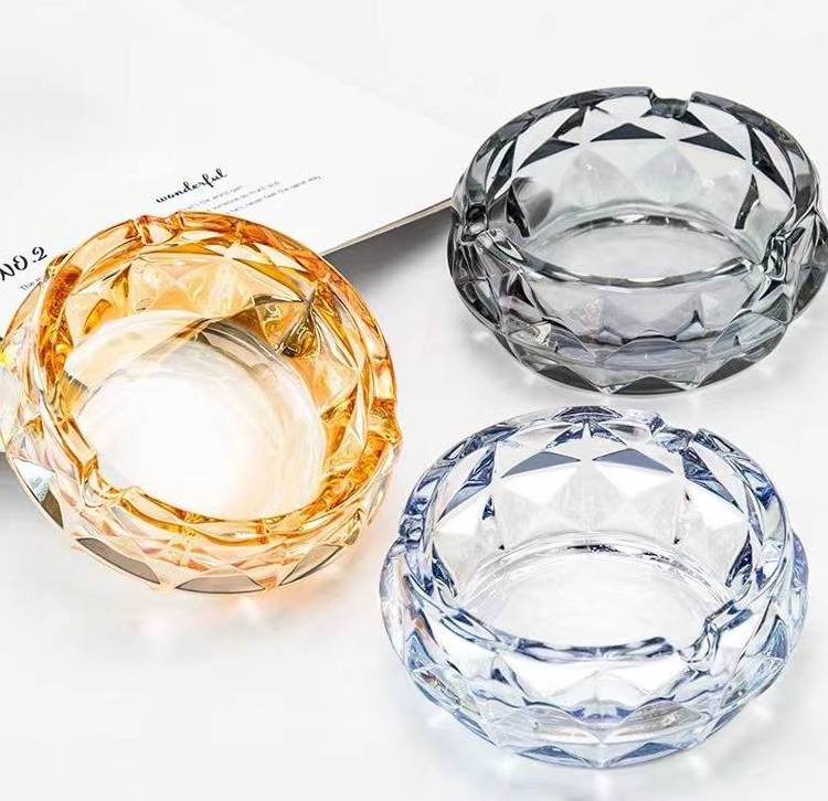 TS 4.5 Inch Glossy Colors Glass Ashtray Diamond Surface 11.5cm Crystal Cigar Ash Bowl With 3 Cigarette Slots Smoking Container