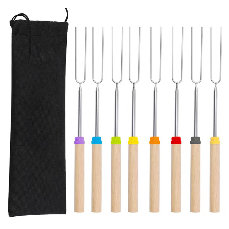 TS Wholesale Custom 8 Pcs/Set Stainless Steel Marshmallow Roasting Fork Sticks BBQ Skewers for Hot Dog Campfire