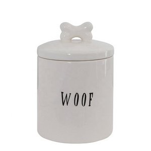 TS Custom Logo Cute Decorative Pet Dog Treat Jar Ceramic Jar With Lid Woof Pet Treat Jar with Bone Handle on Lid