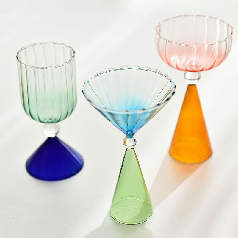 Custom Made Italian Style Hand Blown Borosilicate Glass Striped Flower-edge Pink and Green Wine Water Goblet Glasses