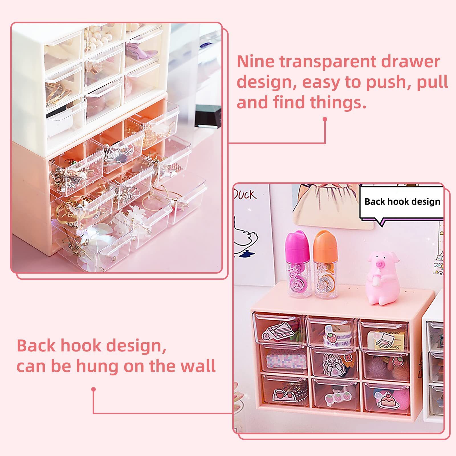 TS Hot Sale Cute Kawaii Storage Box Jewelry Storage Box with 9 Removable Mini Acrylic Drawers Desktop Craft Organizer