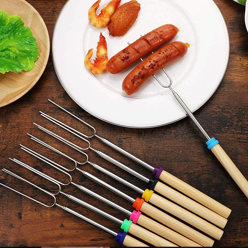 TS Wholesale Custom 8 Pcs/Set Stainless Steel Marshmallow Roasting Fork Sticks BBQ Skewers for Hot Dog Campfire