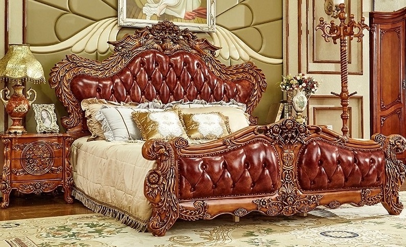 New arrivals classic style bedding set genuine leather bedroom sets solid wood beds