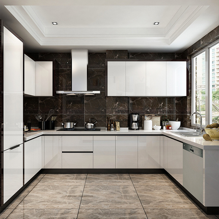 White lacquer round corner kitchen cabinet with glass doors