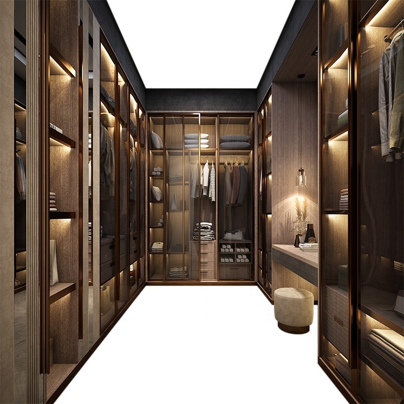 Walk in wardrobe closet with shoe rack in Amoires design