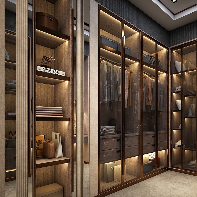 Walk in wardrobe closet with shoe rack in Amoires design