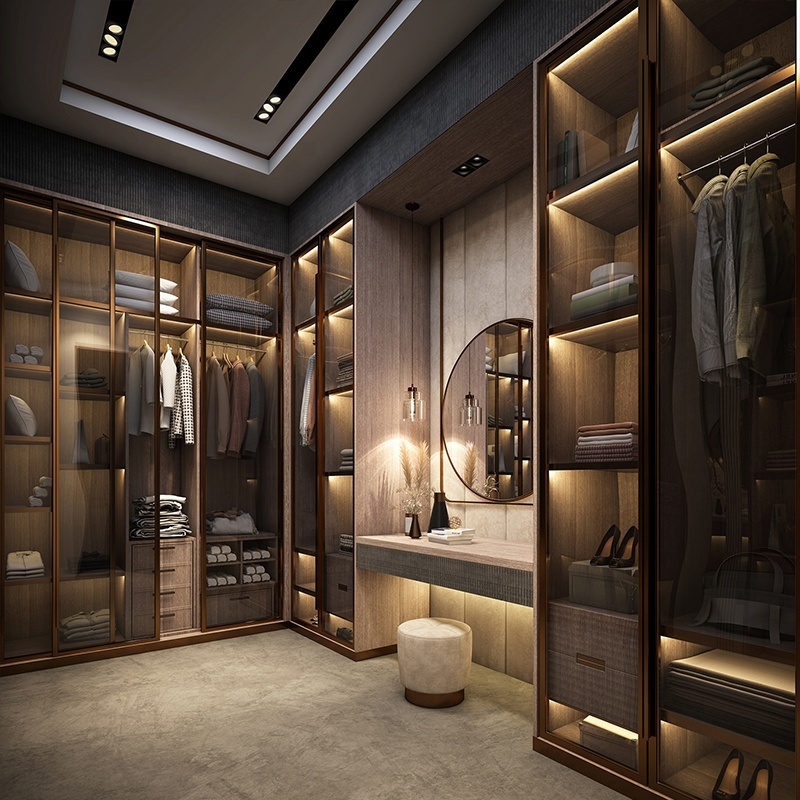 Walk in wardrobe closet with shoe rack in Amoires design