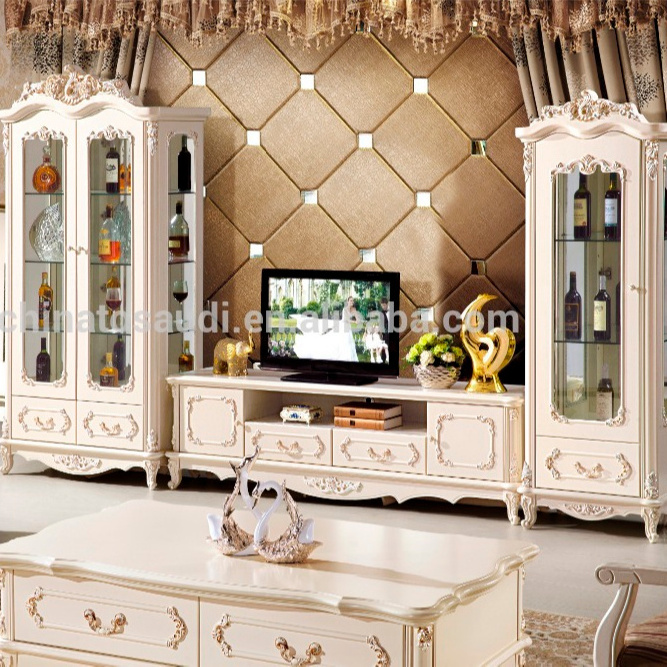 Luxury Classic Wood Carving Bedroom Furniture Living Room Cabinets French style Wine Cabinet & TV Table