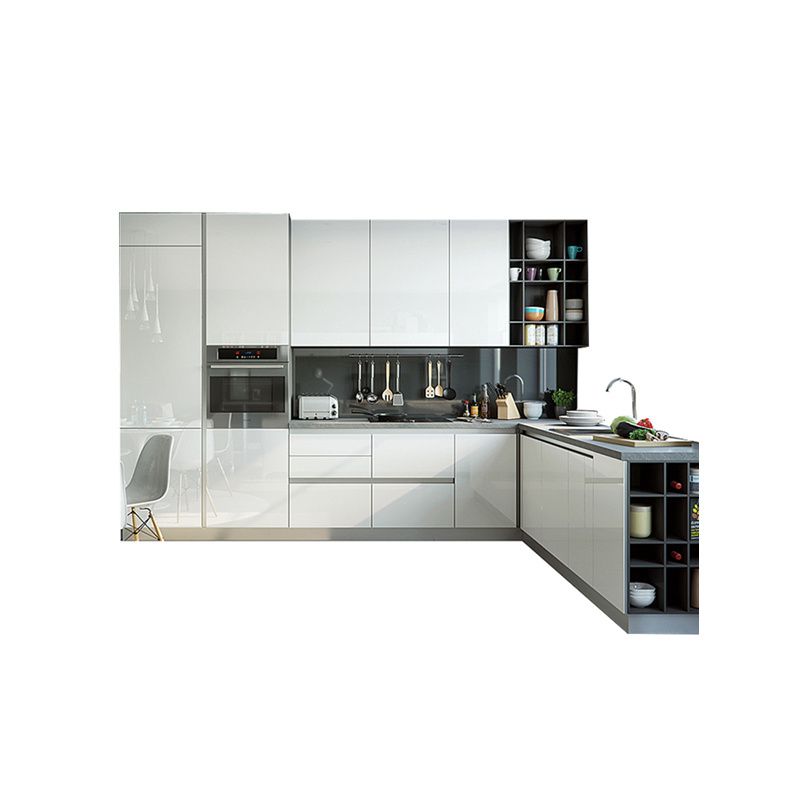 White lacquer round corner kitchen cabinet with glass doors