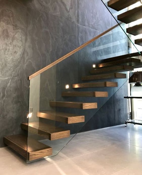 CBMmart new customized floating modern staircase with wood stair handrail glass railing straight stairs