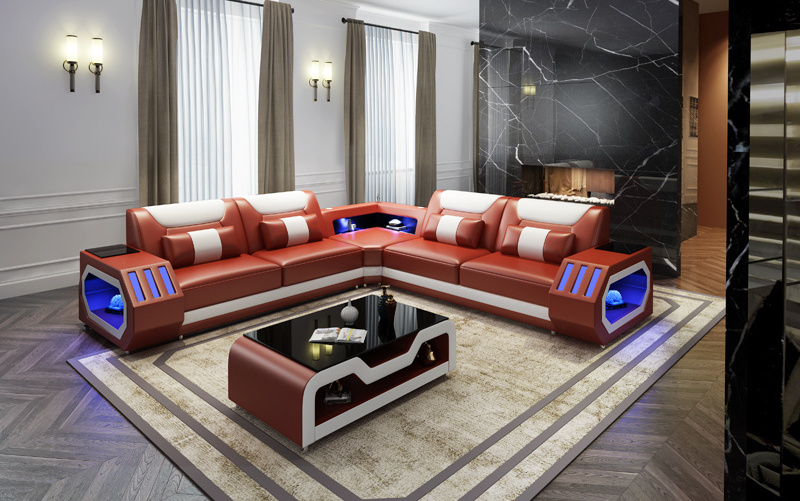 Beige color L shape modern furniture leather sectional sofa with LED light