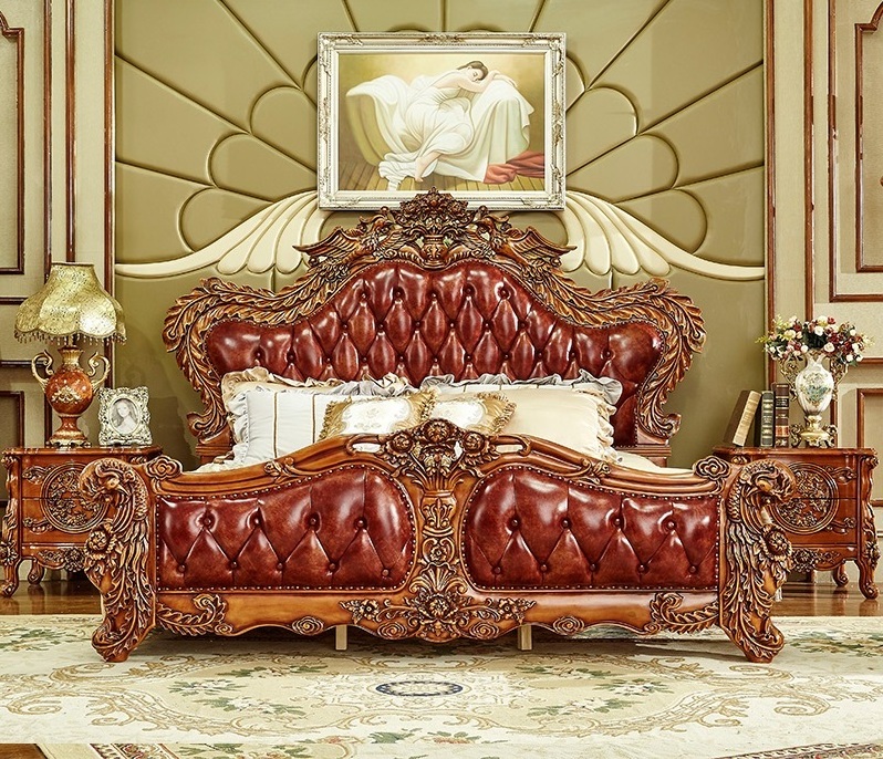 New arrivals classic style bedding set genuine leather bedroom sets solid wood beds