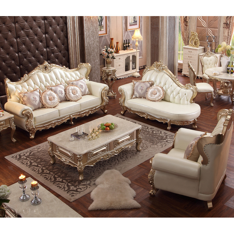 European Style Luxury Sofas Antique King Golden Classic Leather Couch Living Room Sofa Set Furniture Muebles