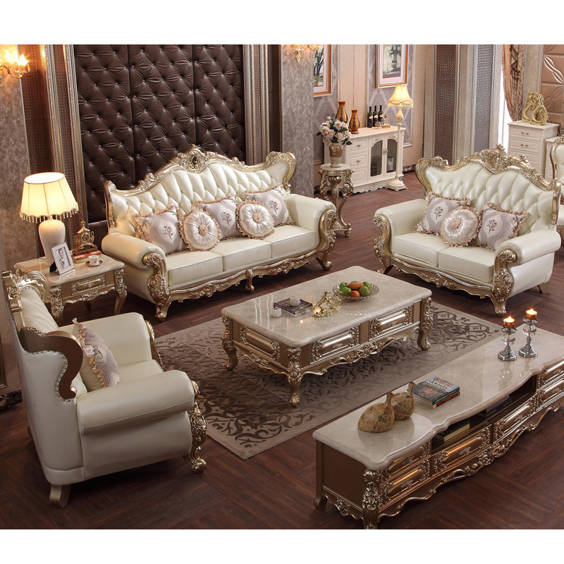 European Style Luxury Sofas Antique King Golden Classic Leather Couch Living Room Sofa Set Furniture Muebles