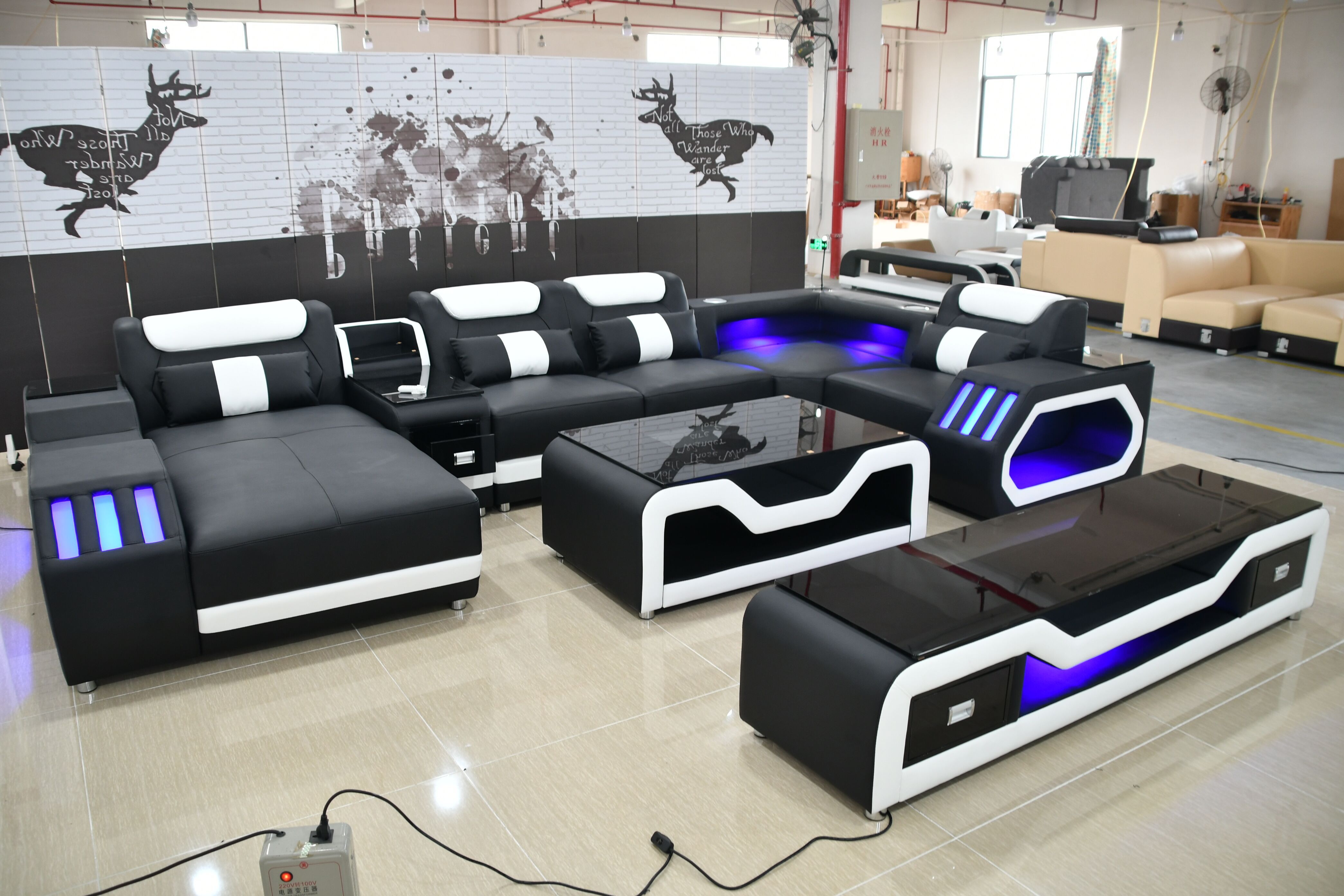 New arrival living room sofas super modern style living room furniture LED lamps top quality leather couch living room sofas