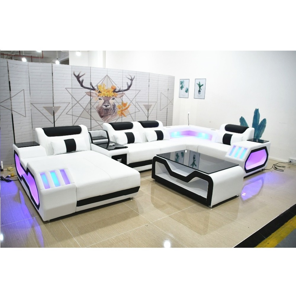 New arrival living room sofas super modern style living room furniture LED lamps top quality leather couch living room sofas