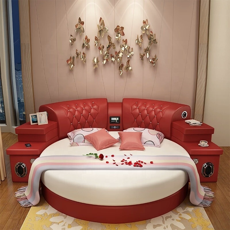 Bedroom furniture with music video 2m top grain leather round soft mattress bed