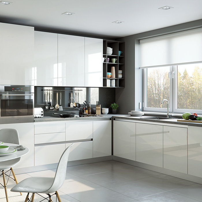 White lacquer round corner kitchen cabinet with glass doors