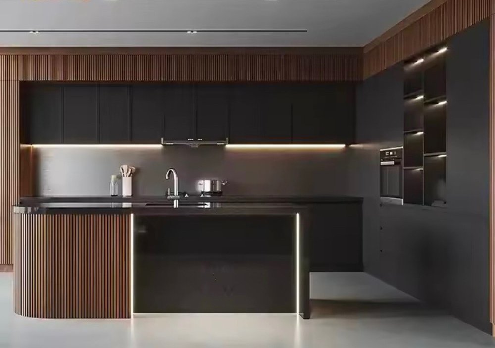 Italian Designs Curved Shape Modular island modern Kitchen Cabinet