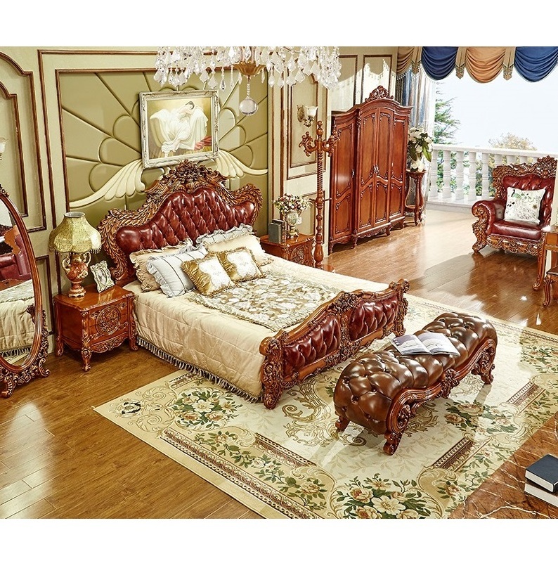 New arrivals classic style bedding set genuine leather bedroom sets solid wood beds