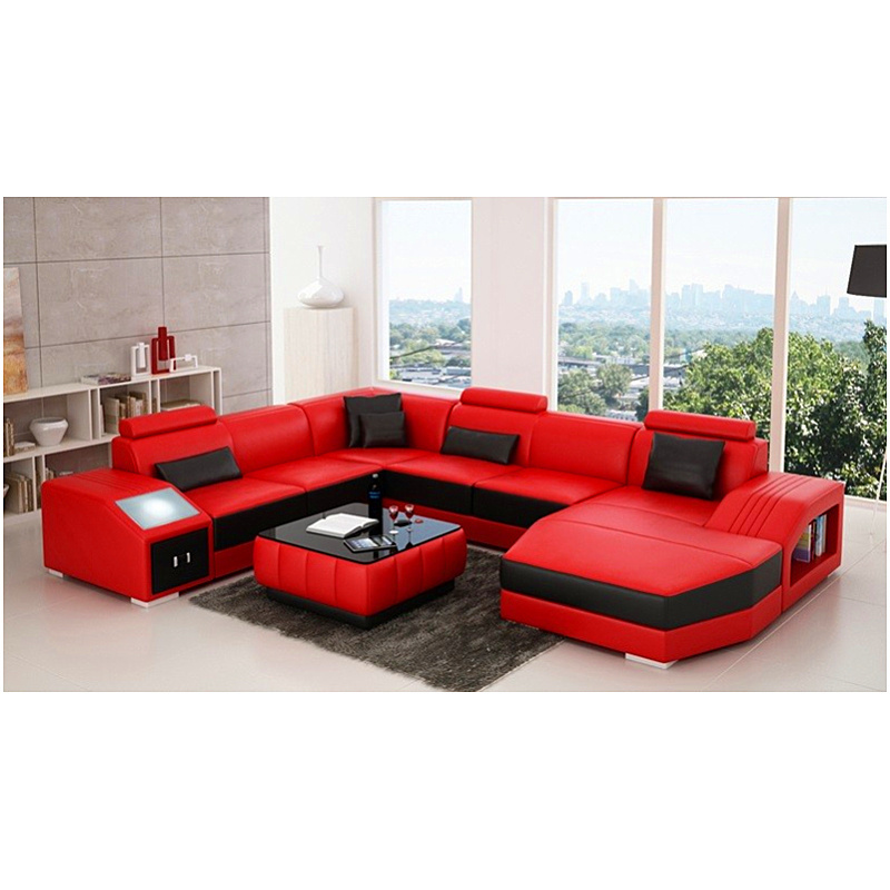 Red and black genuine leather divan sofa set with led light