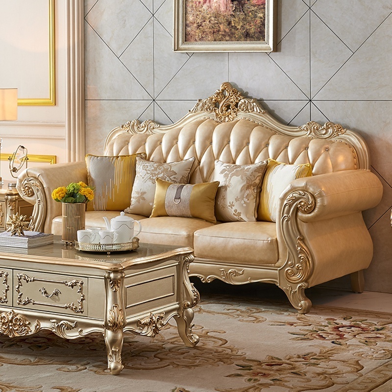 Royal Antique Gold Gilding Carved Leather Sofa Set Living Room Sectional Baroque Sofa