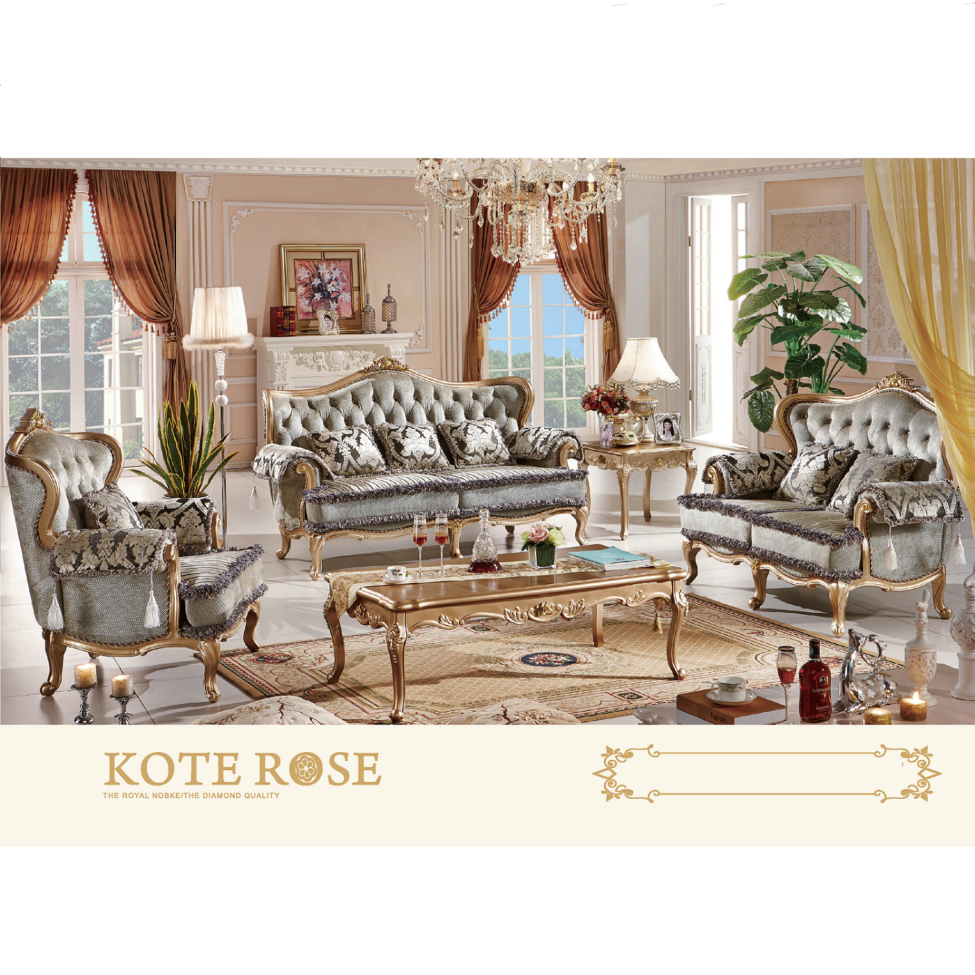 Classic style living room sofas other antique furniture golden frame fabric sofa leather sofa with TV stands and coffee table