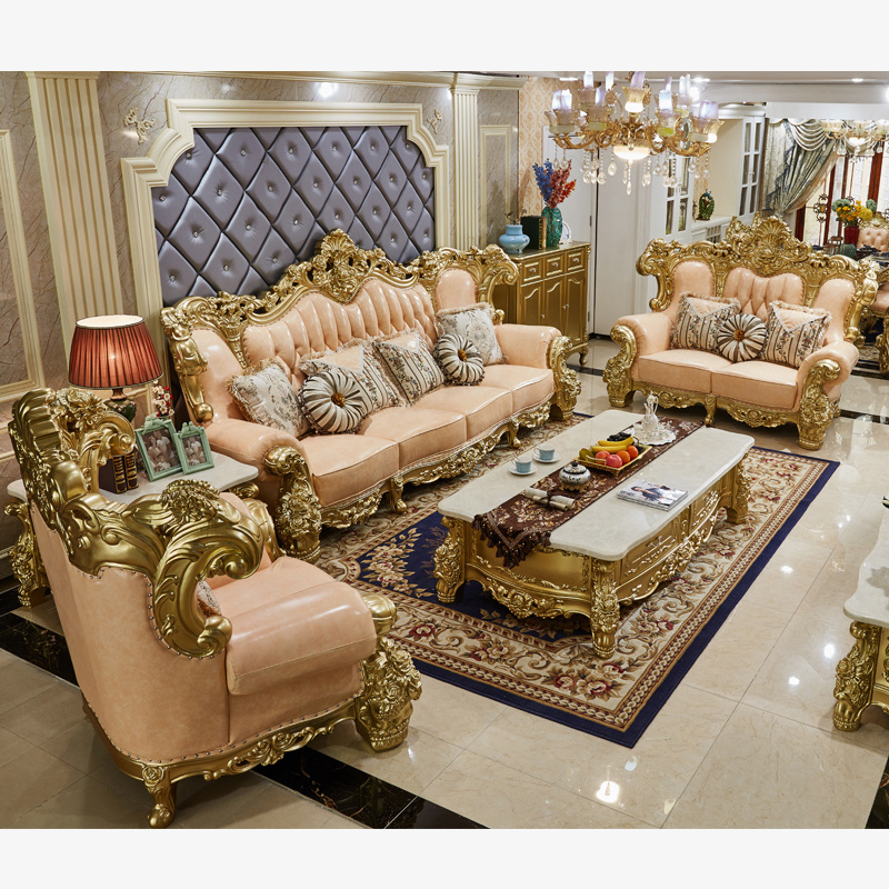 European and American Furniture Designs Luxury Baroque Top Grain Wood Royal Carved Classic Traditional Leather Antique Sofa