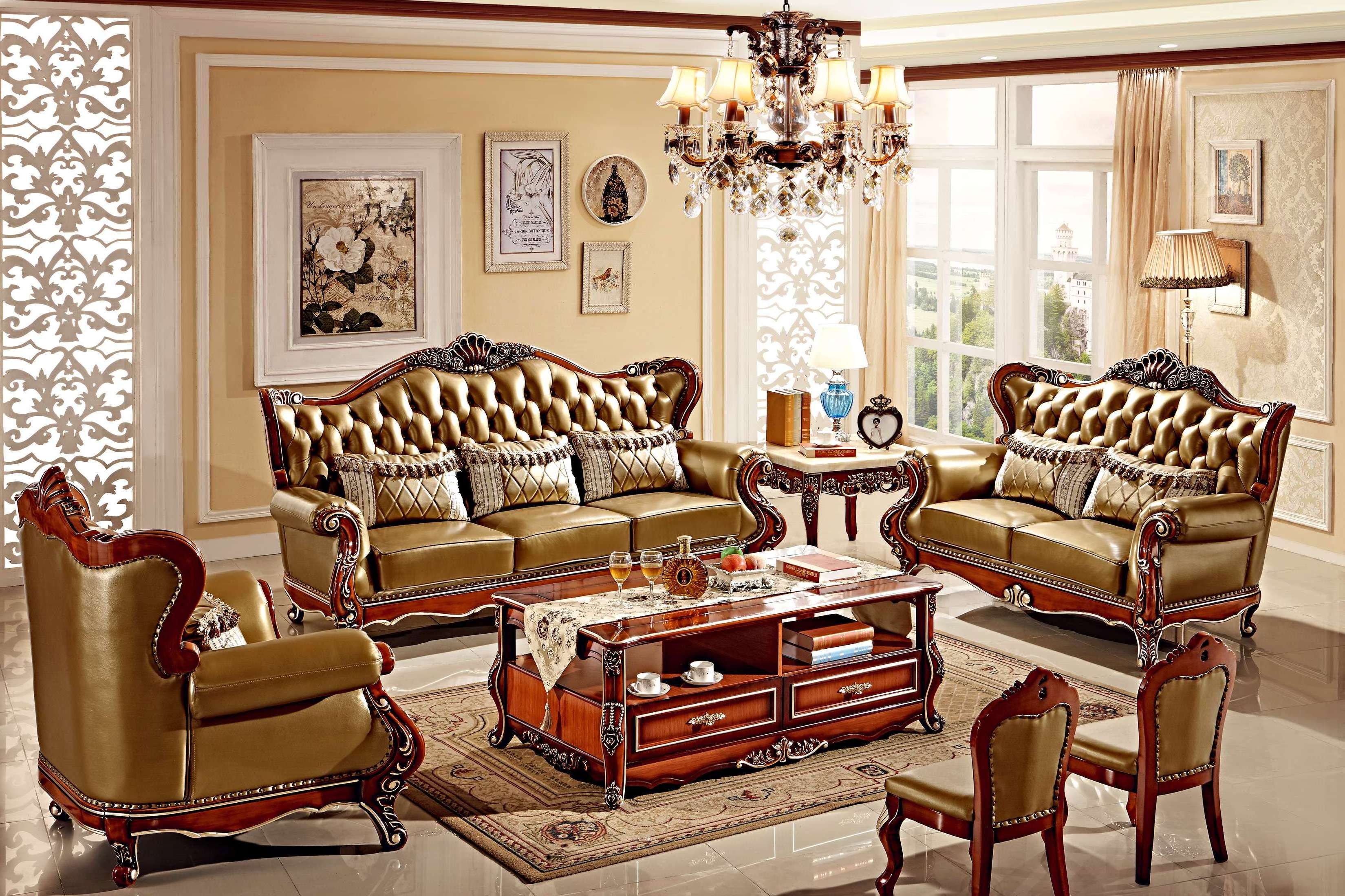 American style big house antique sofa combination living room set classic real genuine leather sofa